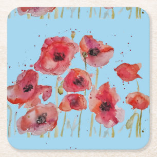 Watercolor Red Flanders Poppy Floral Square Paper Coaster