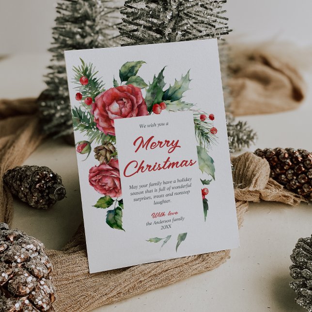 Watercolor Red Floral Berries Merry Christmas Holiday Card (Creator Uploaded)
