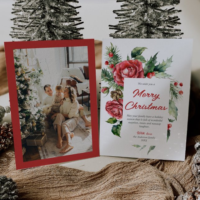Watercolor Red Floral Berries Photo Christmas Holiday Card (Creator Uploaded)