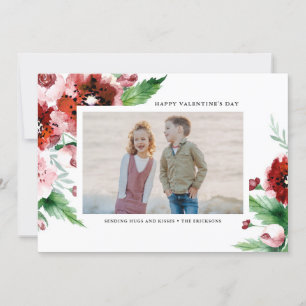 Watercolor Red Floral Borders Valentines Day Photo Holiday Card