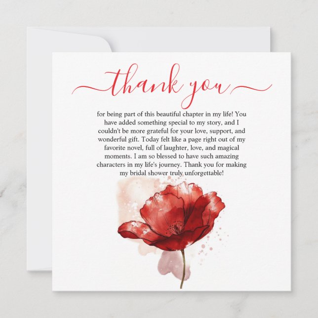 Watercolor Red Floral Bridal Shower Thank You Card (Front)