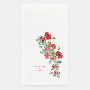 Watercolor Red Floral & Eucalyptus Names Wedding Napkin