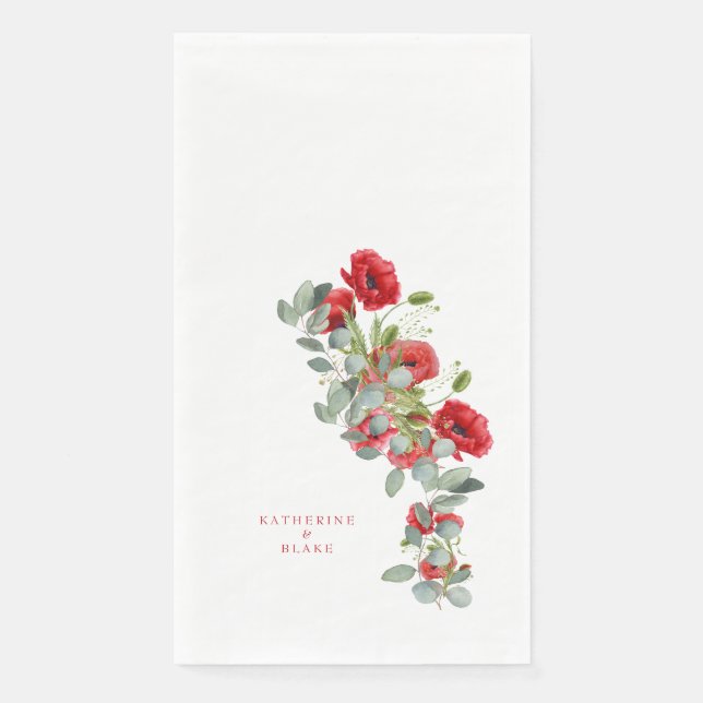 Watercolor Red Floral & Eucalyptus Names Wedding Napkin (Front)