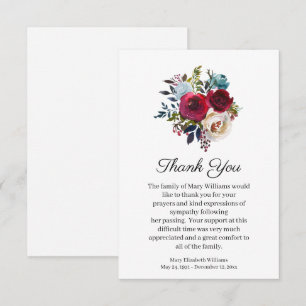 Watercolor Red Floral Funeral Thank You Card