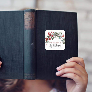 Watercolor Red Floral Library Ex Libris Bookplate Square Sticker
