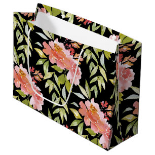 Watercolor Red Floral on Black Large Gift Bag