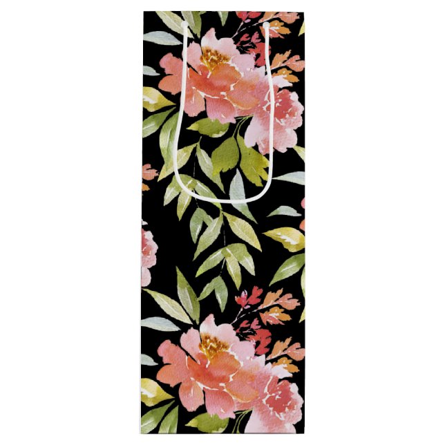 Watercolor Red Floral on Black Wine Gift Bag (Front)