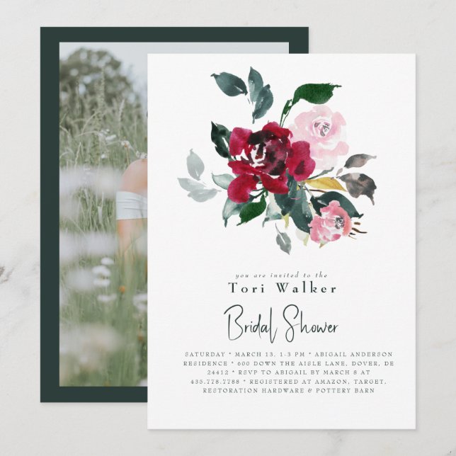 Watercolor Red Floral Photo Bridal Shower   Invitation (Front/Back)