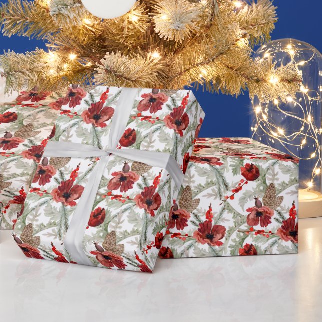 Watercolor Red Flowers Green Christmas Pattern Wrapping Paper (Holidays)