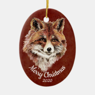 Watercolor Red Fox Animal Custom Dated Christmas Ceramic Tree Decoration