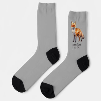 Watercolor Red Fox Drawing, Text on Grey Socks