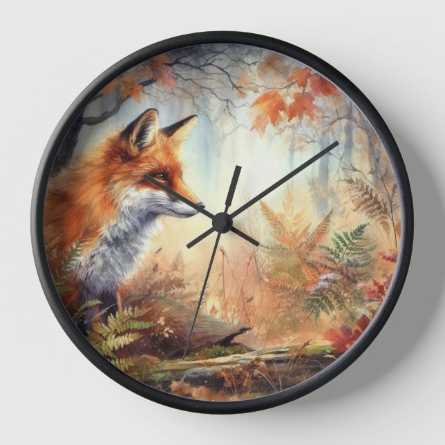 Watercolor Red Fox Fall Autumn Colour Nature  Clock (Front)