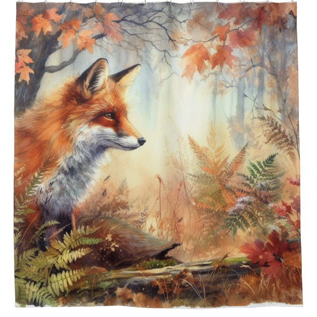 Watercolor Red Fox Fall Autumn Colour Nature  Shower Curtain (Front)