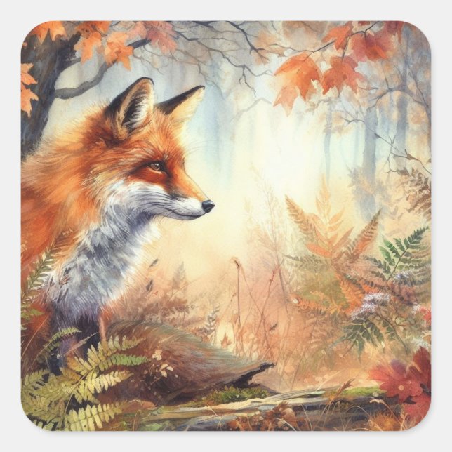 Watercolor Red Fox Fall Autumn Colour Nature  Square Sticker (Front)