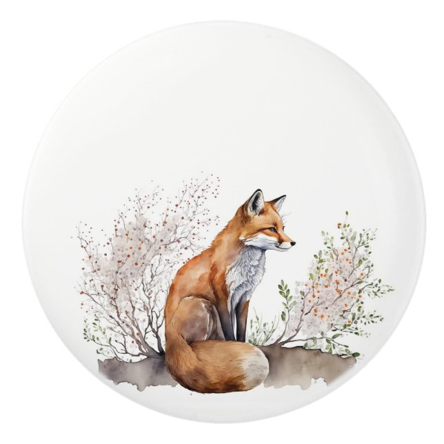 Watercolor Red Fox In Wildflowers Ceramic Knob (Front)