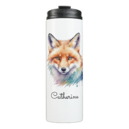 Watercolor Red Fox Portrait Personalised Name Thermal Tumbler