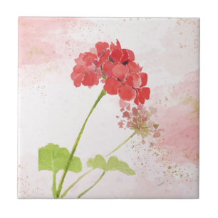 Watercolor Red Geranium Garden Flowers Tile