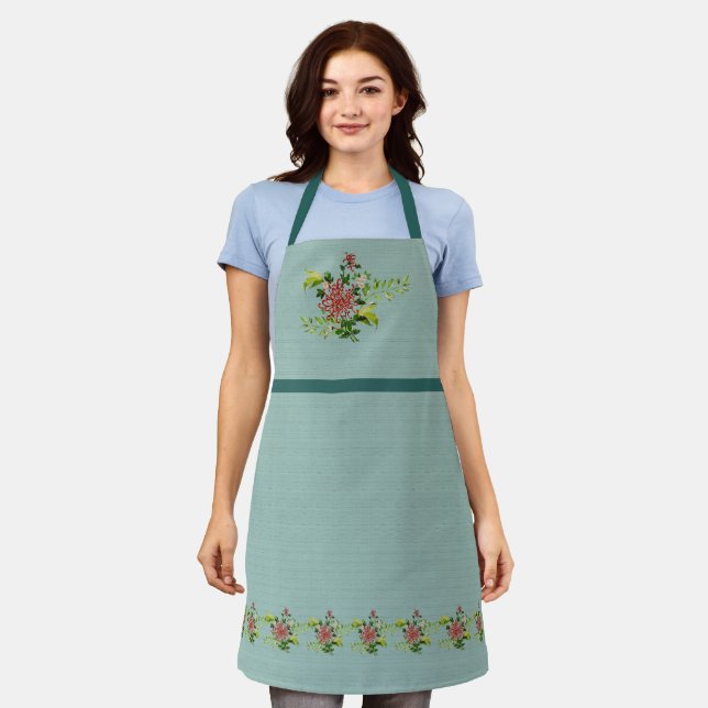 Watercolor Red Gerbera Daisy w/ Greenery Apron (Worn)
