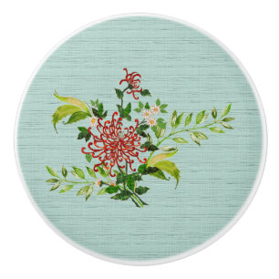 Watercolor Red Gerbera Daisy w/ Greenery Ceramic Knob