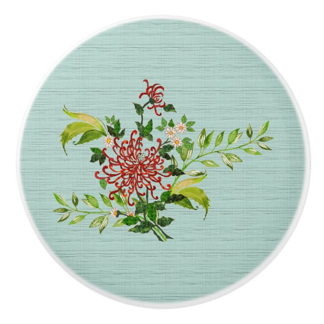 Watercolor Red Gerbera Daisy w/ Greenery Ceramic Knob (Front)