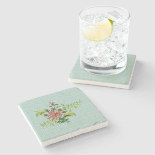 Watercolor Red Gerbera Daisy w/ Greenery Marble Stone Coaster