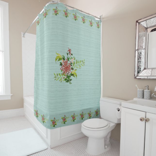 Watercolor Red Gerbera Daisy with Greenery Shower Curtain (In Situ)