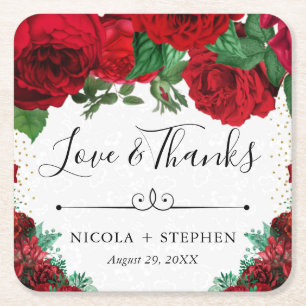 Watercolor Red Glam Roses Wedding Square Paper Coaster