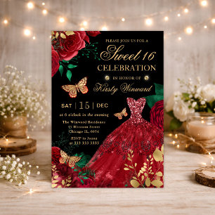 Watercolor Red Glitter Dress & Roses Sweet Sixteen Invitation