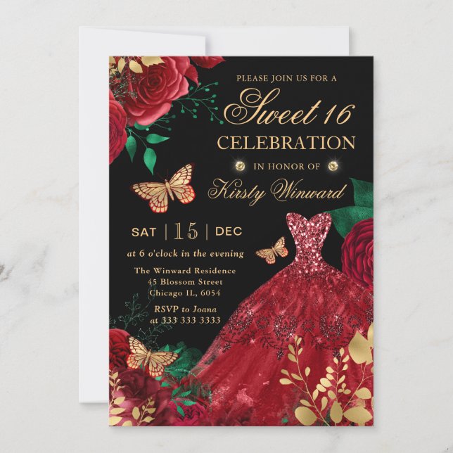 Watercolor Red Glitter Dress & Roses Sweet Sixteen Invitation (Front)