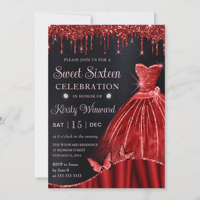 Watercolor Red Glitter Dress Sweet Sixteen Invitation (Front)