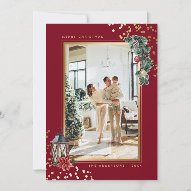 Watercolor Red Gold Elegant Photo Christmas Holiday Card (Front)