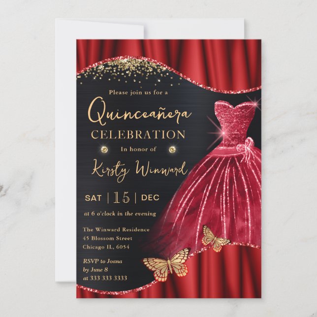 Watercolor Red & Gold Glitter Dress Quinceanera Invitation (Front)
