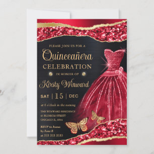 Watercolor Red & Gold Glitter Dress Quinceanera Invitation