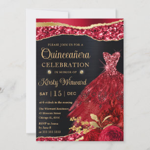 Watercolor Red & Gold Glitter Dress Quinceanera Invitation