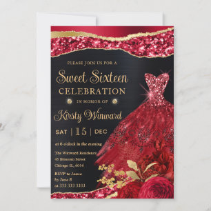 Watercolor Red & Gold Glitter Dress Sweet Sixteen Invitation