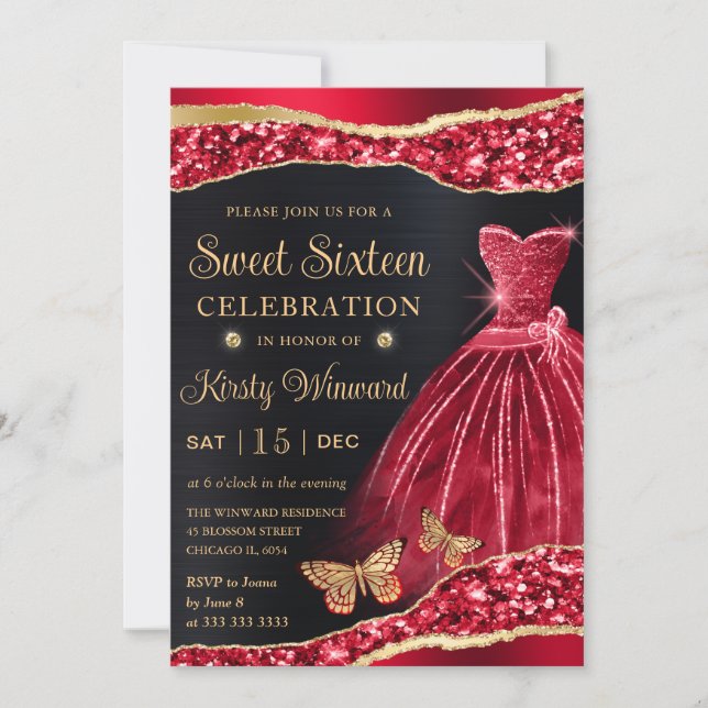Watercolor Red & Gold Glitter Dress Sweet Sixteen Invitation (Front)