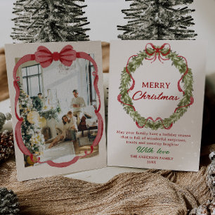 Watercolor Red Green Bow Wreath Photo Christmas Holiday Card