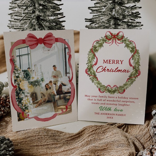 Watercolor Red Green Bow Wreath Photo Christmas Holiday Card (Creator Uploaded)