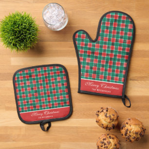 Watercolor Red & Green Buffalo Plaid Custom Oven Mitt & Pot Holder Set