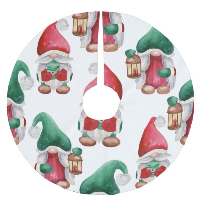 WATERCOLOR RED & GREEN CHRISTMAS GNOMES BRUSHED POLYESTER TREE SKIRT (Front)