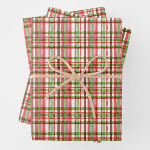 Watercolor Red & Green Christmas Plaid Wrapping Paper Sheet