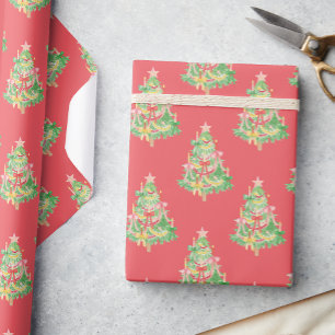 Watercolor Red & Green Coquette Christmas Tree Wrapping Paper