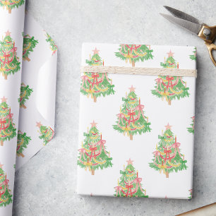 Watercolor Red & Green Coquette Christmas Tree Wrapping Paper