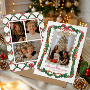 Watercolor Red & Green Jingle Bells Photo Holiday Card