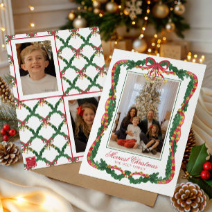 Watercolor Red & Green Jingle Bells Photo Holiday Card