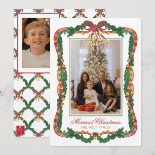 Watercolor Red & Green Jingle Bells Photo Holiday Card