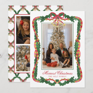 Watercolor Red & Green Jingle Bells Photo Holiday Card