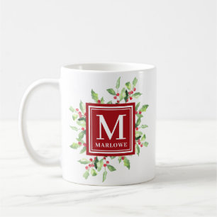 Watercolor Red Green Monogram Christmas Mug