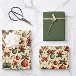 Watercolor Red Green Ornaments Candy Christmas Wrapping Paper Sheet