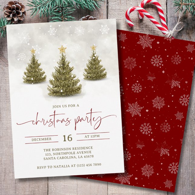 Watercolor Red Green Pine Trees Christmas Party  Invitation (Creator Uploaded)